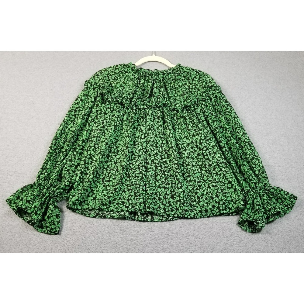 Who What Wear Top Women Medium M Green Black Floral Sheer Smock Neck Long Sleeve